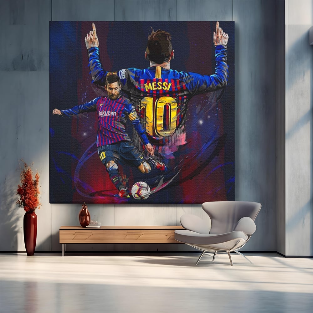 Tablou canvas cu tablou canvas cu fotbalistul lionel messi, fara rama, pe sasiu de lemn
